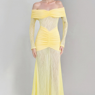 Lace-paneled one-shoulder slit long-sleeved dress