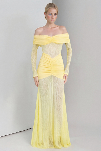 Lace-Paneled One-Shoulder Slit Long-Sleeved Dress