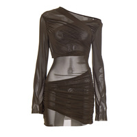 Elegant off-shoulder mesh pleated mini dress - Thumbnail 1