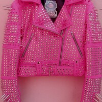 Crafted Leather New Women's Punk Rock Full Pink Long Spiked Classic Studded Brando Rusty Leather Jacket  - Thumbnail 1