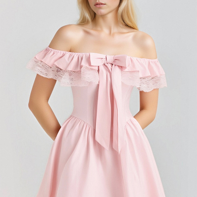 One-shoulder flying sleeves and lace bow waist puffy princess dress