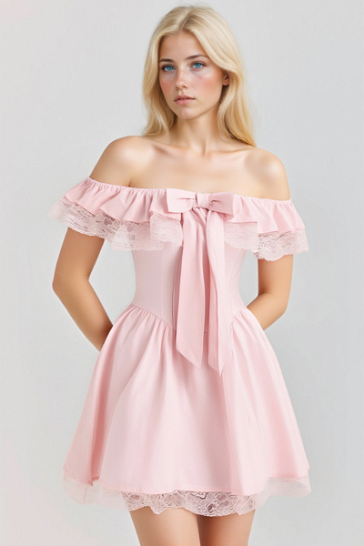 One-shoulder flying sleeves and lace bow waist puffy princess dress