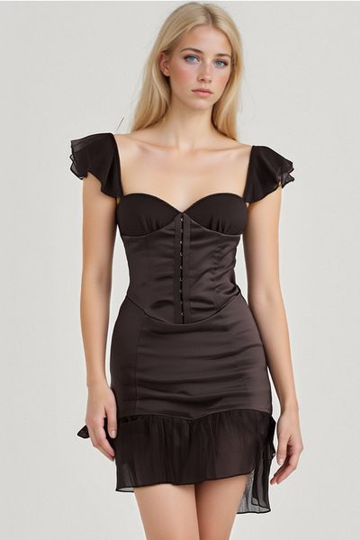 Satin Chiffon Spliced ​​Suspender Dress Square Neck One Shoulder Slim Short Skirt French Dress
