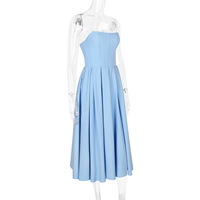 Sexy Deep V Blue Striped Halter Neck Backless Dress Women's Waisted Mid-Length Dress - Thumbnail 8