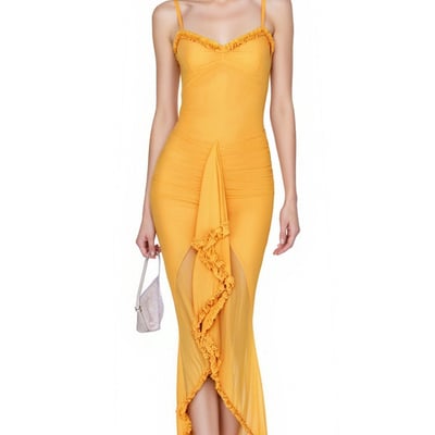 Mesh suspenders pleated irregular sleeveless dress fashionable design long skirt