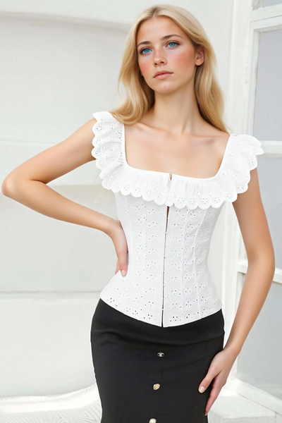 White ruffled square neck herringbone bra camisole top