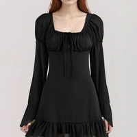 Niche design waist square neck tie long sleeve dress - Thumbnail 5