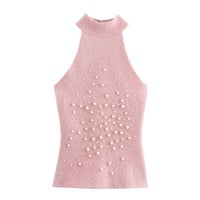 Halter neck knitted vest with faux pearls and faux fur effect - Thumbnail 1