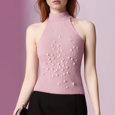 Halter neck knitted vest with faux pearls and faux fur effect