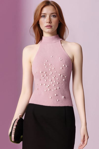 Halter neck knitted vest with faux pearls and faux fur effect