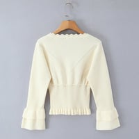 Ruffled V-neck layered ruffled knitted cardigan - Thumbnail 1