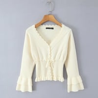Ruffled V-neck layered ruffled knitted cardigan - Thumbnail 2