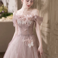Pink Tulle Lace Long A-Line Prom Dress - Thumbnail 2