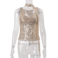 Sexy V-neck inner sequin top with sleeveless short vest - Thumbnail 1