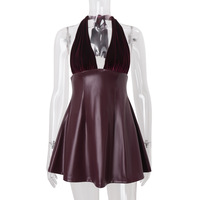 Sexy V-neck low-cut halter neck backless PU leather splicing temperament dress - Thumbnail 6