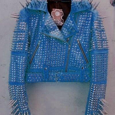 Crafted leather classic new women's punk rock full blue spiked studded brando party wear jacket