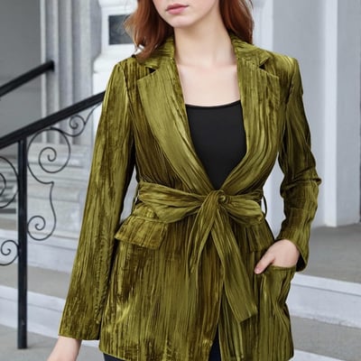 Velvet lapel with padded shoulders and waist-cinching long suit jacket trench coat