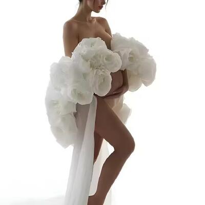 3d rose flower cape organza ruffled floral dresses for special occasions bridal cover up pregnancy photoshoot dress - Thumbnail 2