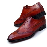 Crafted Leather Classic Brown Patina Leather Wingtip Oxford Dress Shoes - Thumbnail 1
