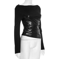 Crew neck knitted tube top with gathered leather panels and flared sleeves - Thumbnail 1