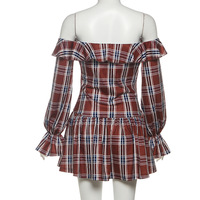 One-shoulder striped plaid long-sleeved dress - Thumbnail 3