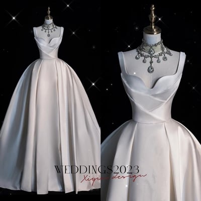 Custom Made Minimalist  A-Line Wedding Dress with Straps, Satin Bridal Gown, Elegant Modern Bride