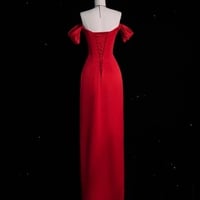Red Dress,Long Satin dress, Party Dress, Cold Shoulder Dress,Bridesmades Dress, Gift For Her, Engagement Dress, Gift For Bride - Thumbnail 2