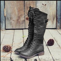Women's low heel belt buckle lace-up knight boots high boots  - Thumbnail 2