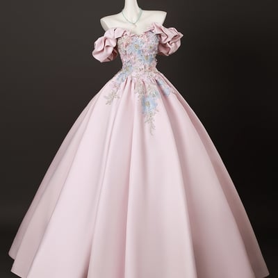 Pink satin lace long prom dress, a-line off the shoulder party dress