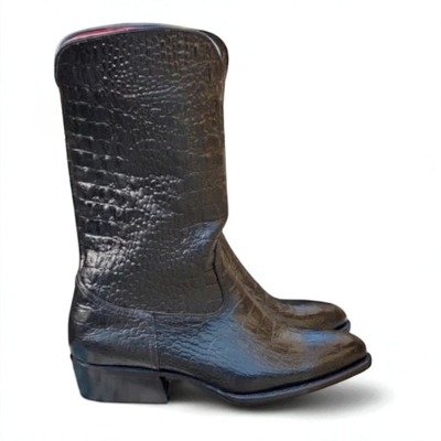 Crafted Leather Men Black Crocodile Leather Cowboy Ankle High Boot