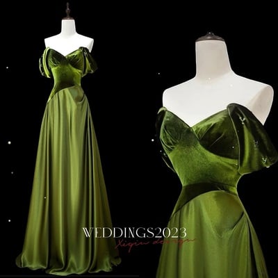 Green satin evening gown, off-shoulder custom tailored dress, elegant long sleeve formal dress for special occasions 
