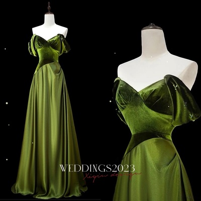 Green Satin Evening Gown, Off-Shoulder Custom Tailored Dress, Elegant Long Sleeve Formal Dress for Special Occasions 