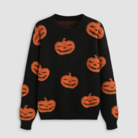 Halloween Pumpkin Jack-O-Lantern Jacquard Pullover Knit Sweater Jumper - Thumbnail 1