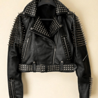 Crafted Leather Women Silver Brando Punk Silver Spiked Studded Cowhide Leather Jacket  - Thumbnail 1