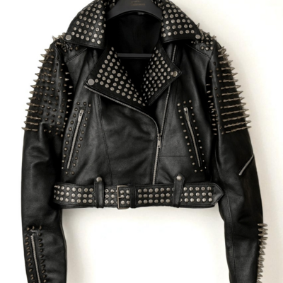 Crafted leather women silver brando punk silver spiked studded cowhide leather jacket