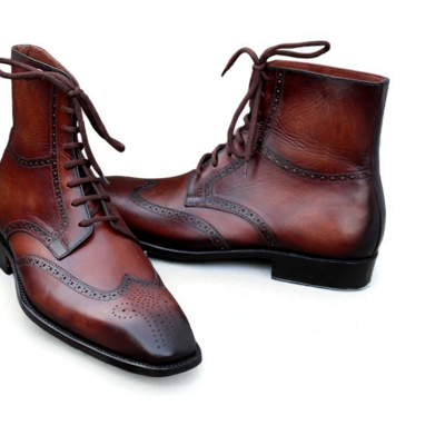 Crafted leather brown leather handmade wingtip men dress ankle high lace up boot