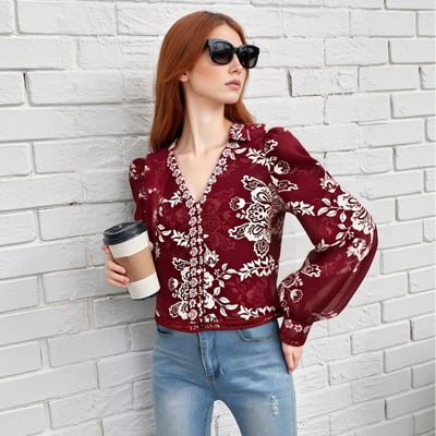 Simple casual ethnic style printed v-neck long-sleeved shirt