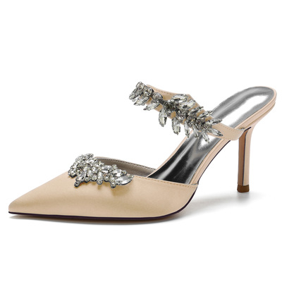 Women's high-heeled pointed rhinestone half-slip wedding sandals 2 colors 