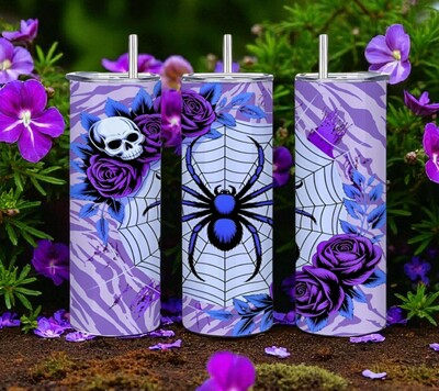 Gothic Purple Spider Web & Skull Rose Garden 20oz Stainless Tumbler | Free Ship