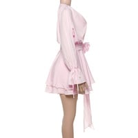 Solid color sexy round neck lace-up flower decoration trumpet sleeve hip dress - Thumbnail 4