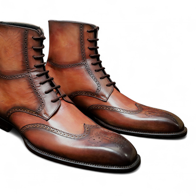 Crafted leather classic dress shoes brown black patina ankle high lace up wingtip dress boot 