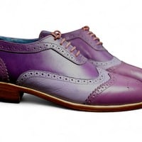Crafted Leather Classic Handmade Mens Purple Wingtip Dress Oxford Shoes - Thumbnail 1