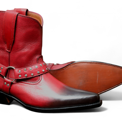 Crafted leather handmade men cowboy buckle ankle boot in red color