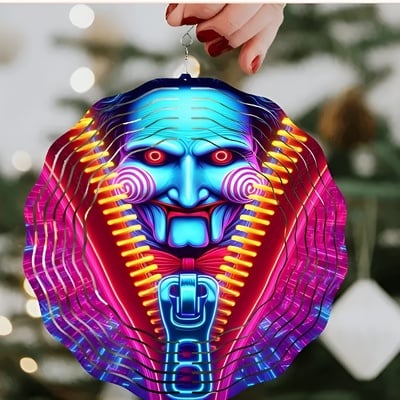 Jigsaw billy puppet wind spinner, saw movie horror ornament, neon style metal wind chime, halloween decoration