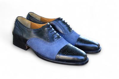 Crafted Leather Handmade Men Classic Black Leather Blue Suede Oxford Lace up Dress Shoes