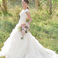 A-line Lace Organza V-neck Ruffles Ball Gown Barn Wedding Dress - Thumbnail 1
