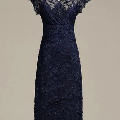 Sheath v neck cap sleeve navy blue lace midi mother dress with v back