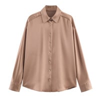 Fashionable and casual loose satin textured dropped shoulder shirt - Thumbnail 2