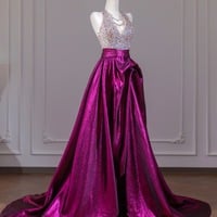 Dark V Neck Top Tulle Beaded Sheath Purple Evening Dresses  - Thumbnail 3