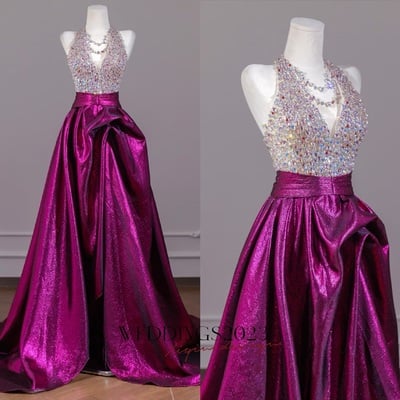 Dark V Neck Top Tulle Beaded Sheath Purple Evening Dresses 